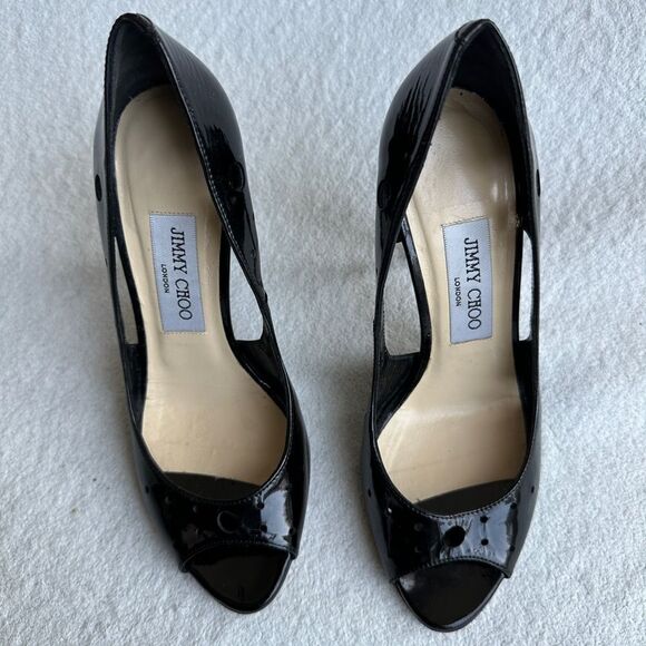 Jimmy Choo London Black Women's 36.5 US 6.5 Patent Leather Dorsay Pumps Peep Toe - Picture 7 of 9